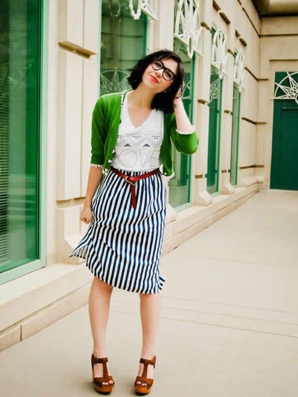 Outfit Ideas Dark Blue and White Long Striped Skirt